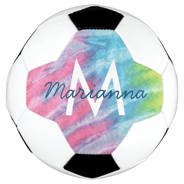 Pink Teal Tie Dye Name and Initial Personalised Football (Front)