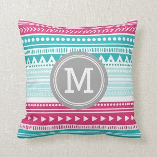 Pink Teal Tribal Monogram Decorative Pillow