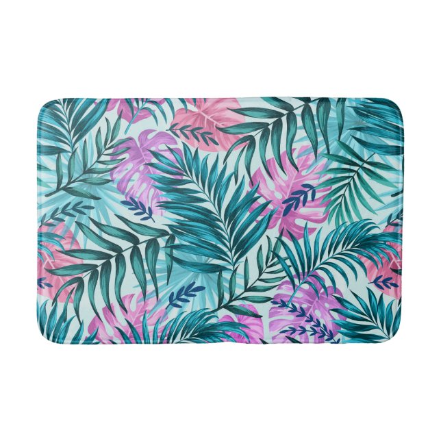 Pink & Teal Tropical Palm & Monstera Leaves Bath Mat (Front)
