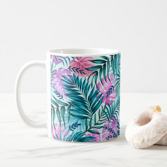Pink & Teal Tropical Palm & Monstera Leaves Coffee Mug (With Donut)
