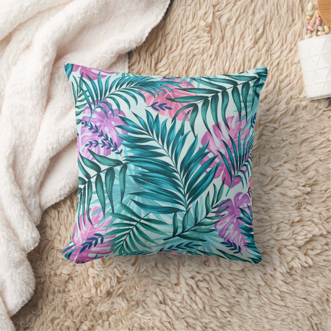 Pink & Teal Tropical Palm & Monstera Leaves Cushion (Blanket)