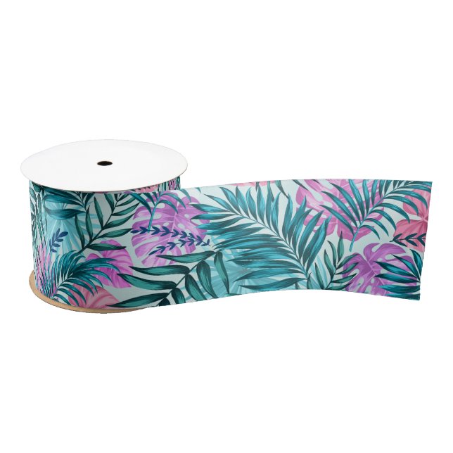 Pink & Teal Tropical Palm & Monstera Leaves Satin Ribbon (Spool)