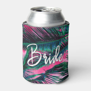 Pink Teal Tropical Summer Palm Tree Fronds Can Cooler