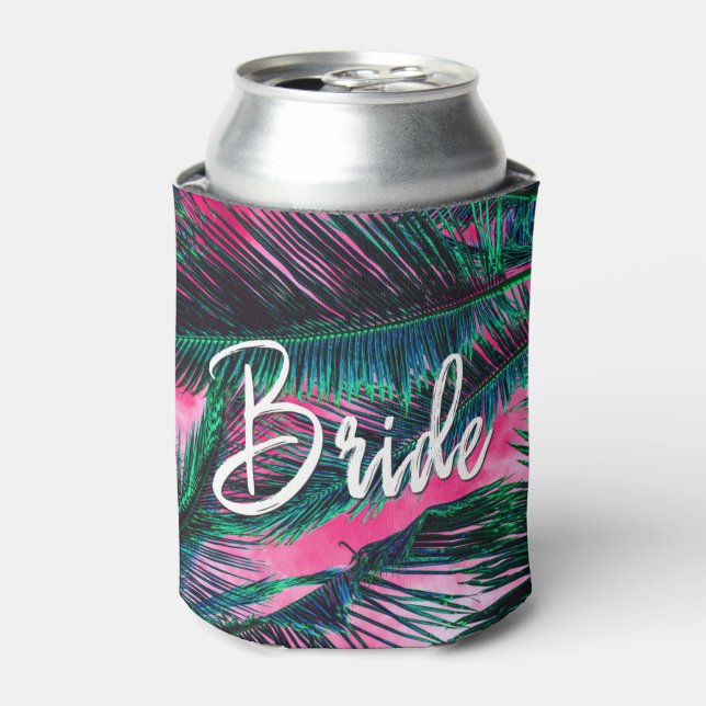 Pink Teal Tropical Summer Palm Tree Fronds Can Cooler (Can Front)