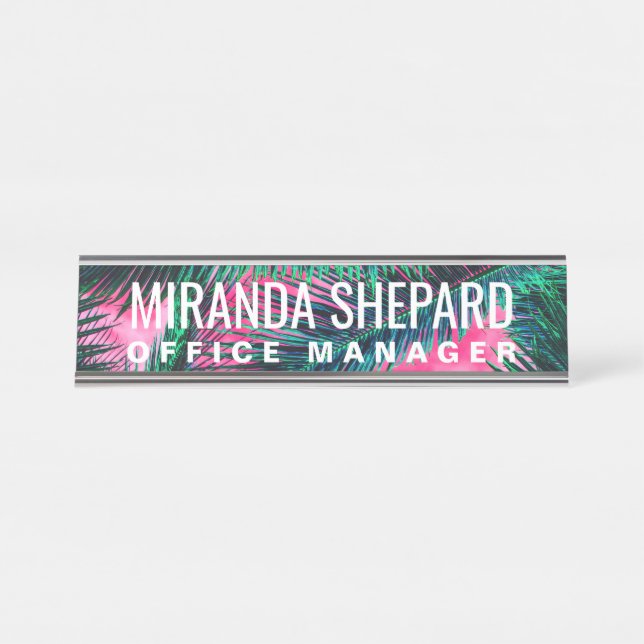 Pink Teal Tropical Summer Palm Tree Fronds Desk Name Plate (Front)