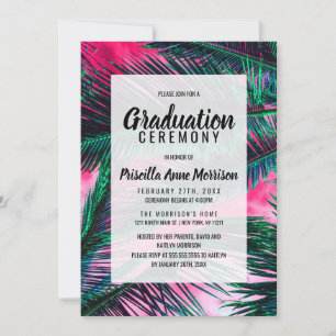 Pink Teal Tropical Summer Palm Tree Fronds Invitation
