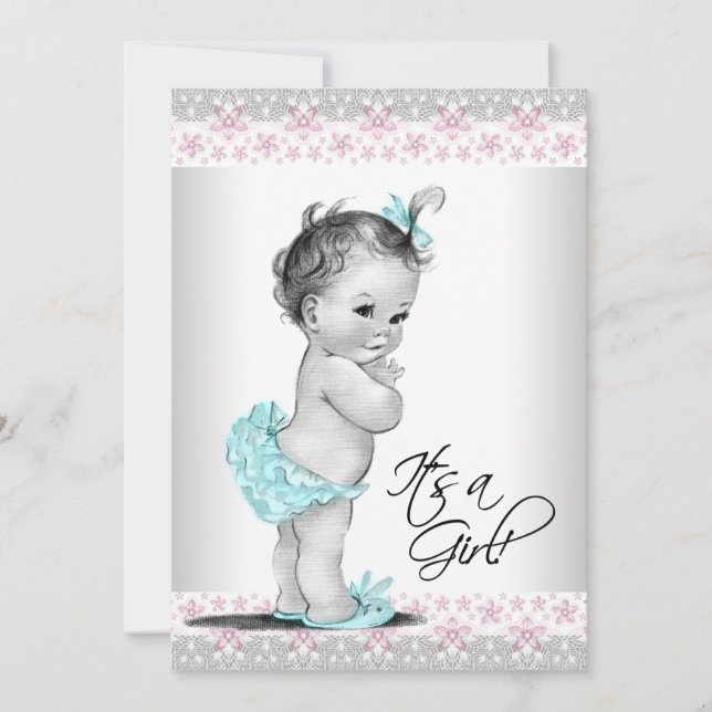 Pink Teal Vintage Baby Girl Shower Invitations (Front)