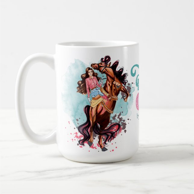 Pink Teal Vintage Cowgirl Horse Mug (Left)
