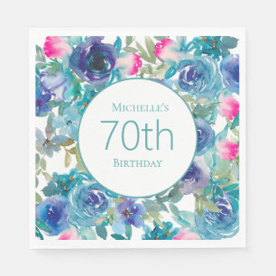 Pink Teal Watercolor Floral 70th Birthday Napkin