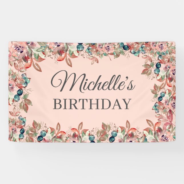 Pink Teal Watercolor Floral Birthday  Banner (Horizontal)