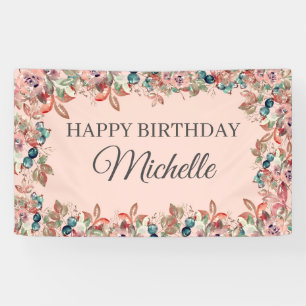 Pink Teal Watercolor Floral Happy Birthday Banner