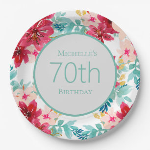 Pink Teal Watercolor Floral Leaves 70th Birthday Paper Plate