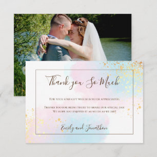 Pink Teal Watercolor Gold Confetti Photo Wedding Thank You Card