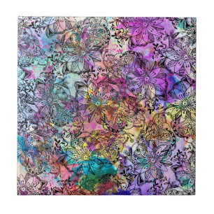 Pink teal watercolor hand painted tangle floral tile
