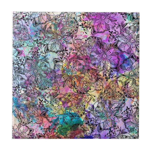 Pink teal watercolor hand painted tangle floral tile (Front)