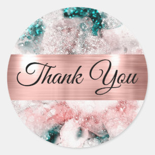 Pink Teal Watercolor Thank you Classic Round Sticker