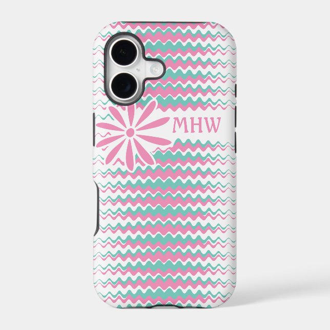 Pink & Teal Wavy Stripes custom monogram cases (Back)