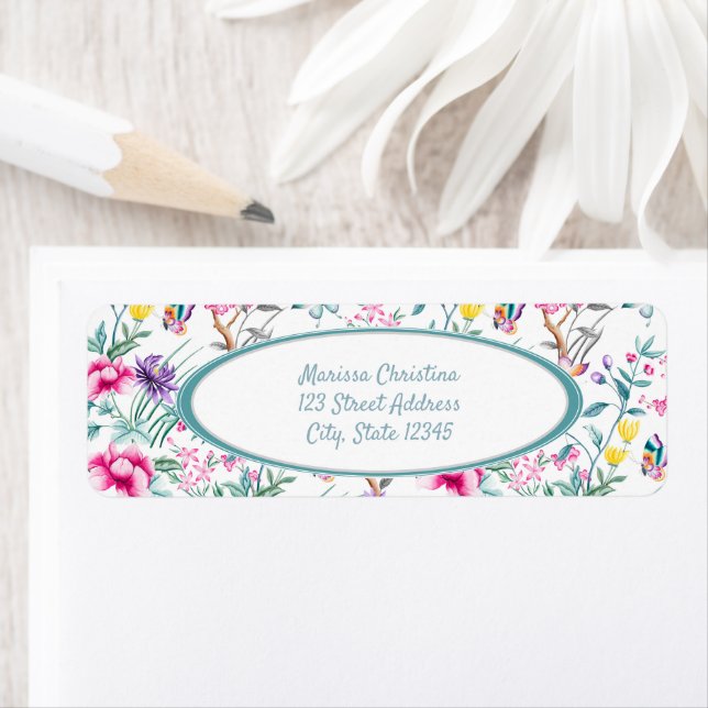 Pink Teal White and Yellow Floral Pattern Label (Insitu)