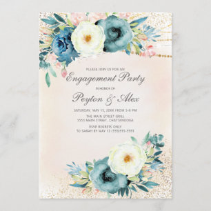 Pink Teal White Floral Glitter Engagement Invitation