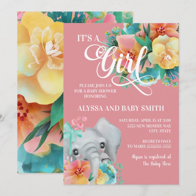 Pink Teal Yellow Floral Elephant Baby Girl Shower Invitation (Front/Back)