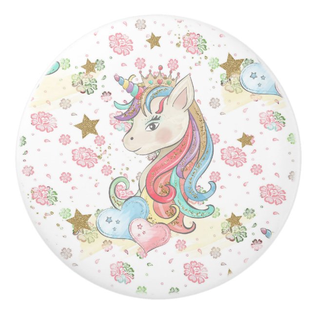 Pink Teal Yellow Unicorn Colourful Ceramic Knob (Front)