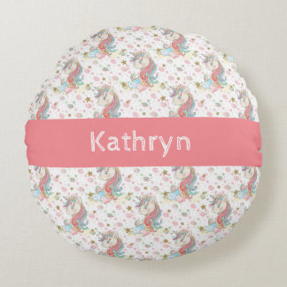 Pink Teal Yellow Unicorn Colourful Round Cushion
