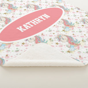 Pink Teal Yellow Unicorn Colourful Sherpa Blanket