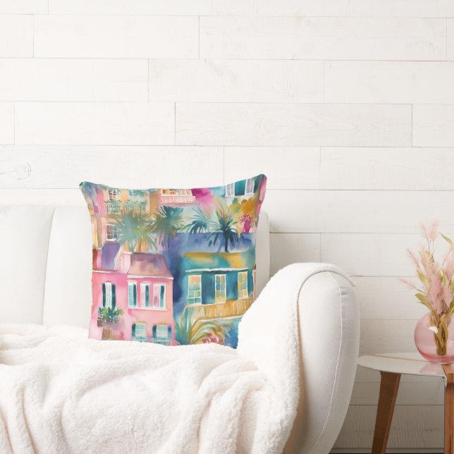 Pink Teal Yellow Watercolor Houses Palm Trees Cushion (Couch)