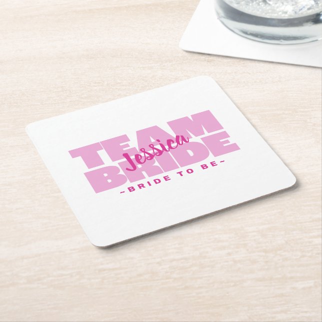 Pink Team Bride To Be Wedding Bachelorette Shower Square Paper Coaster (Angled)