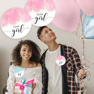 Pink team girl gender reveal party round stickers