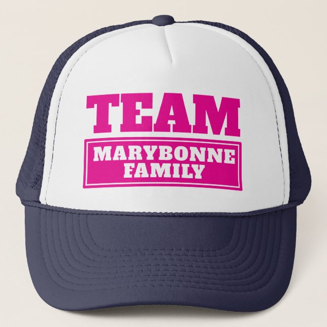 Pink team personalized team name or family name trucker hat (Front)