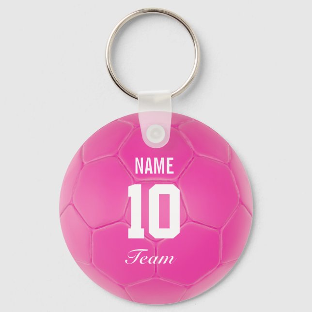 Pink Team Soccer Ball Personalised Name Key Ring (Front)