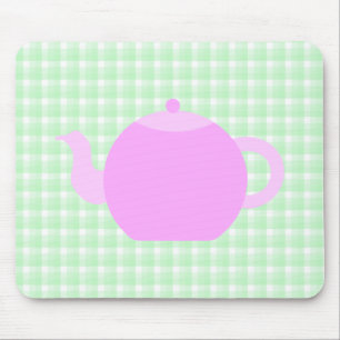 Pink Teapot Design on Green Check. Mouse Mat