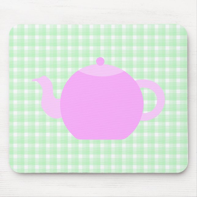 Pink Teapot Design on Green Check. Mouse Mat (Front)