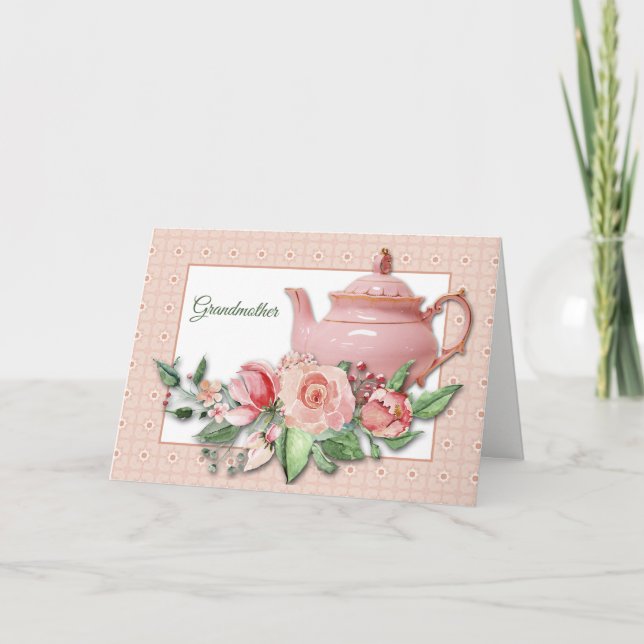 Pink Teapot Floral Grandmother Mother's Day Card (Front)