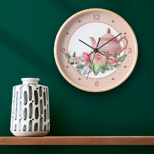 Pink Teapot Floral Large Clock