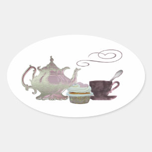 Pink Teapot, Teacup and Cupcake Art Oval Sticker