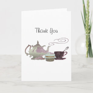 Pink Teapot, Teacup and Cupcake Art Thank You Card