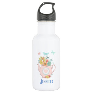 Pink Teapot with Flowers & Butterflies 532 Ml Water Bottle