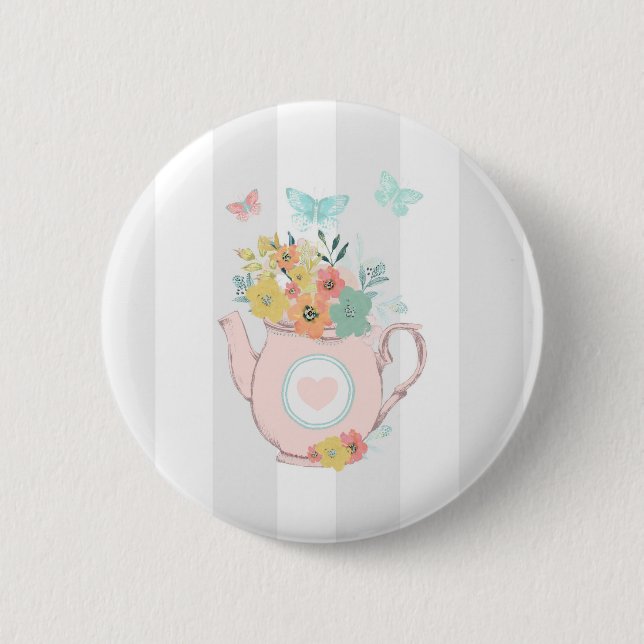 Pink Teapot with Flowers & Butterflies 6 Cm Round Badge (Front)