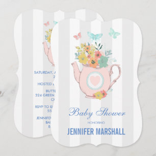 Pink Teapot with Flowers & Butterflies Baby Shower Invitation