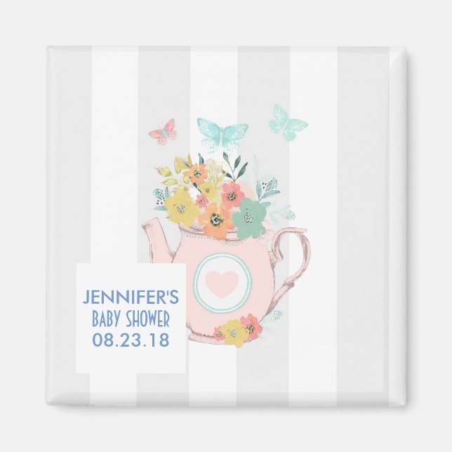 Pink Teapot with Flowers & Butterflies Baby Shower Magnet (Front)
