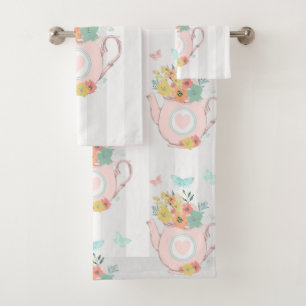 Pink Teapot with Flowers & Butterflies Bath Towel Set