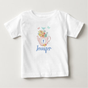 Pink Teapot with Flowers & Butterflies Birthday Baby T-Shirt