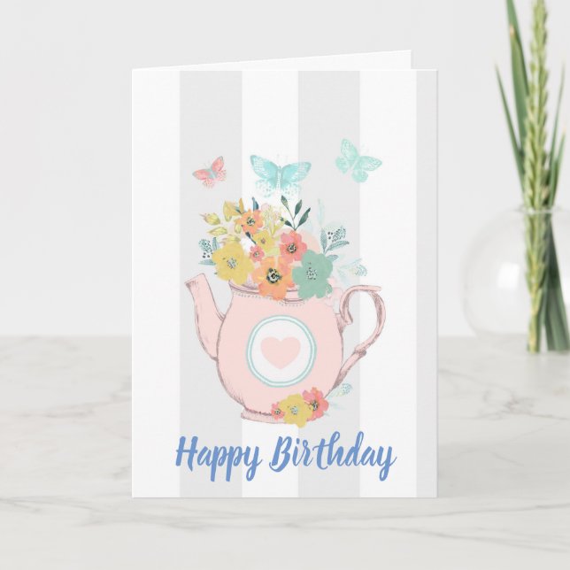 Pink Teapot with Flowers & Butterflies Birthday Card (Front)