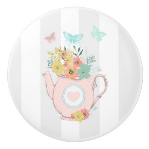 Pink Teapot with Flowers & Butterflies Ceramic Knob