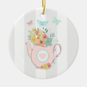 Pink Teapot with Flowers & Butterflies Ceramic Tree Decoration