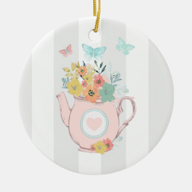 Pink Teapot with Flowers & Butterflies Ceramic Tree Decoration (Front)