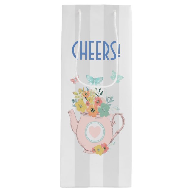 Pink Teapot with Flowers & Butterflies Cheers Wine Gift Bag (Front)