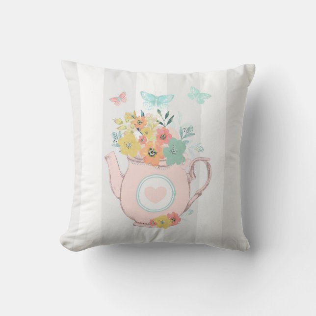 Pink Teapot with Flowers & Butterflies Cushion (Front)